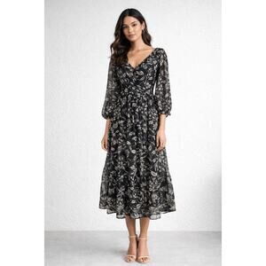 Sincerely Jules Floral Midi Dress Black Cream Smocked Back Long Sleeve Boho Med